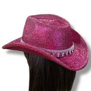 Pink Glitter Western Rhinestone Hatband Stiff Wide Brim Cowboy Hat NEW